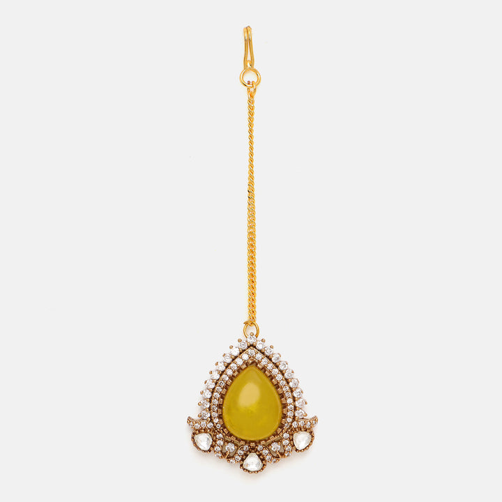 Green Stone and Moissanite Necklace with matching Earrings and Maang Tikka | SHOBITAM