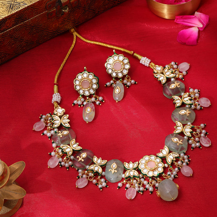 Kundan and Mint Colored Stonework Necklace with Matching Earrings | SHOBITAM