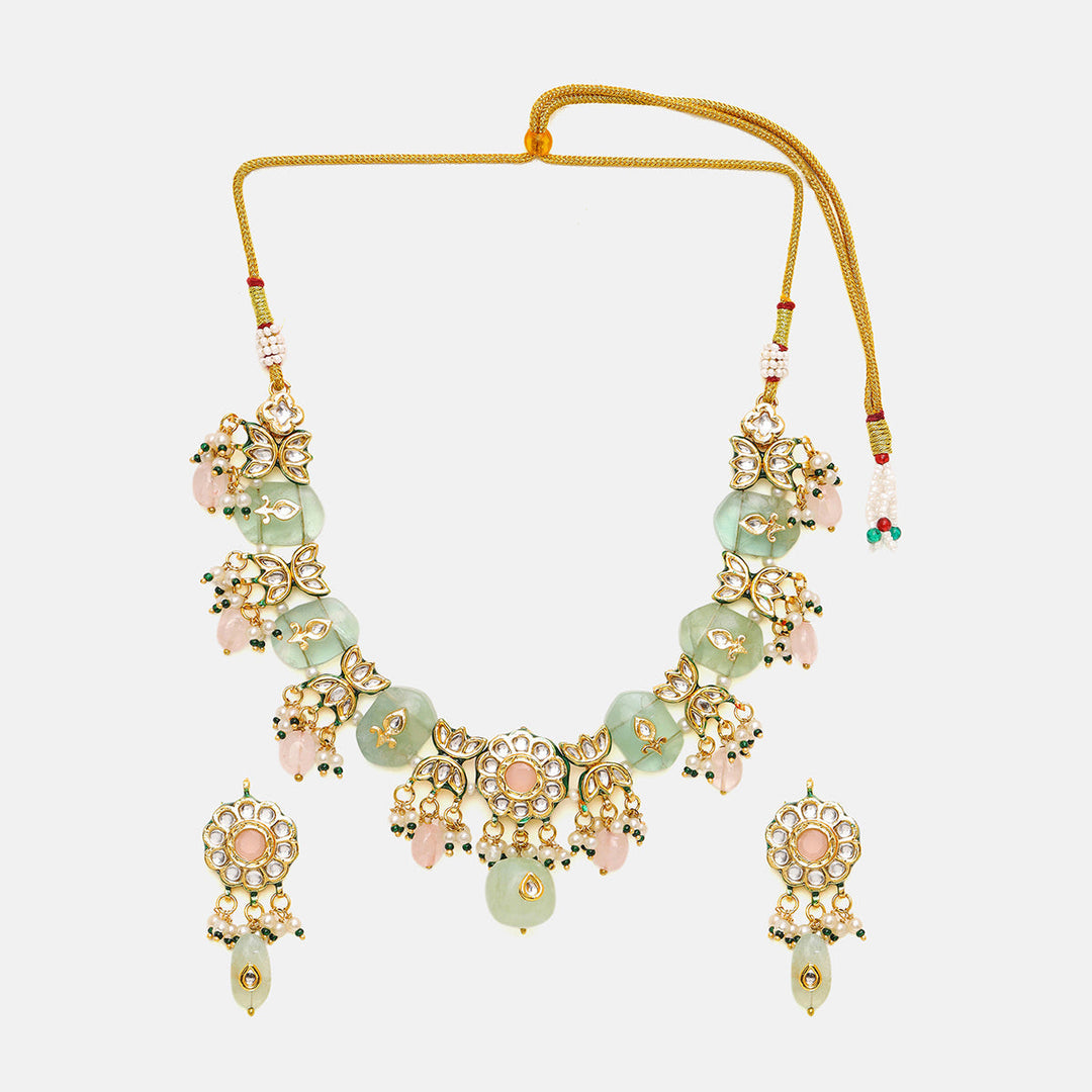 Kundan and Mint Colored Stonework Necklace with Matching Earrings | SHOBITAM