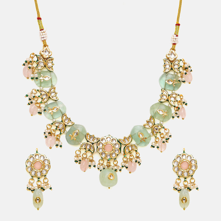 Kundan and Mint Colored Stonework Necklace with Matching Earrings | SHOBITAM