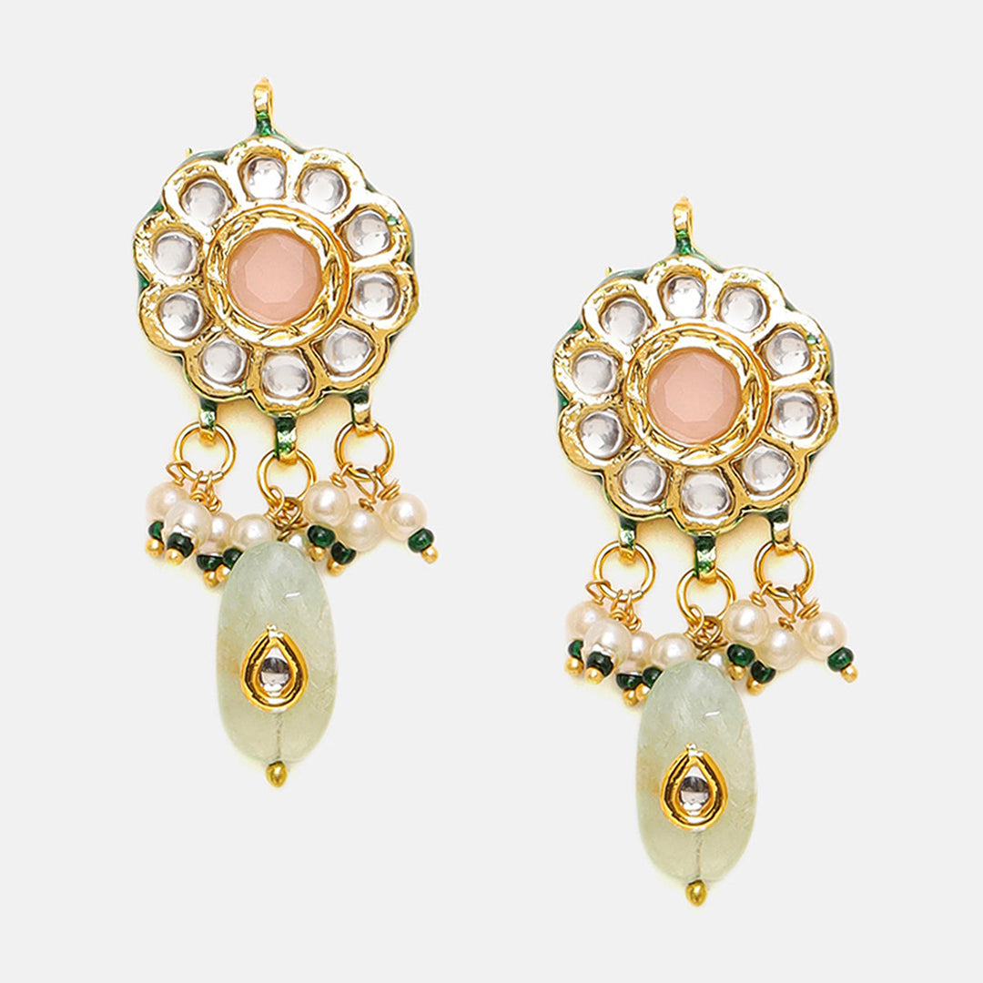 Kundan and Mint Colored Stonework Necklace with Matching Earrings | SHOBITAM