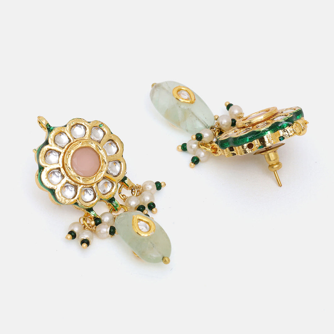 Kundan and Mint Colored Stonework Necklace with Matching Earrings | SHOBITAM