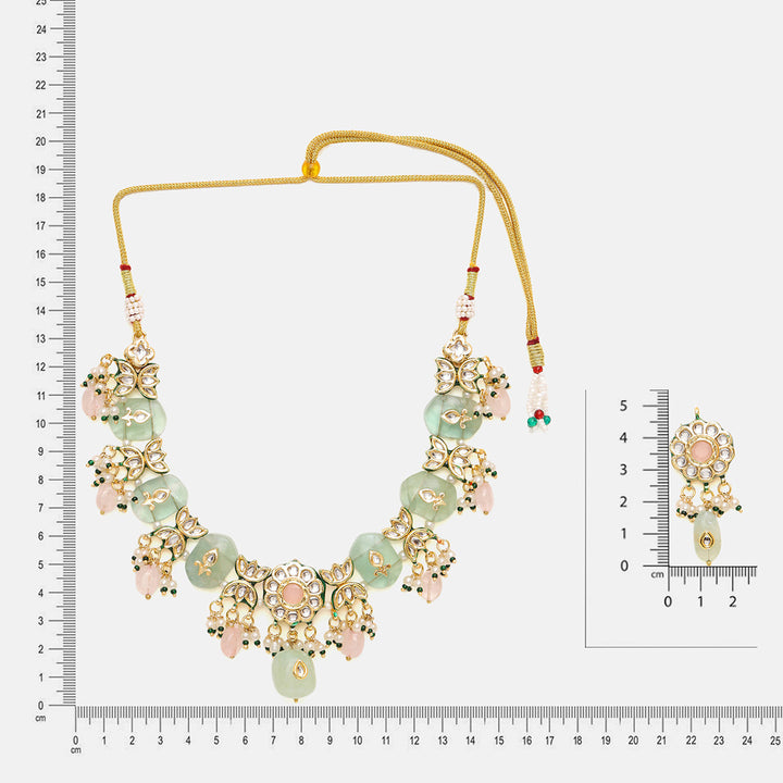 Kundan and Mint Colored Stonework Necklace with Matching Earrings | SHOBITAM