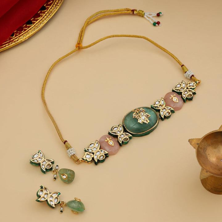 Kundan and Mint Colored Stonework Choker with Matching Earrings| SHOBITAM