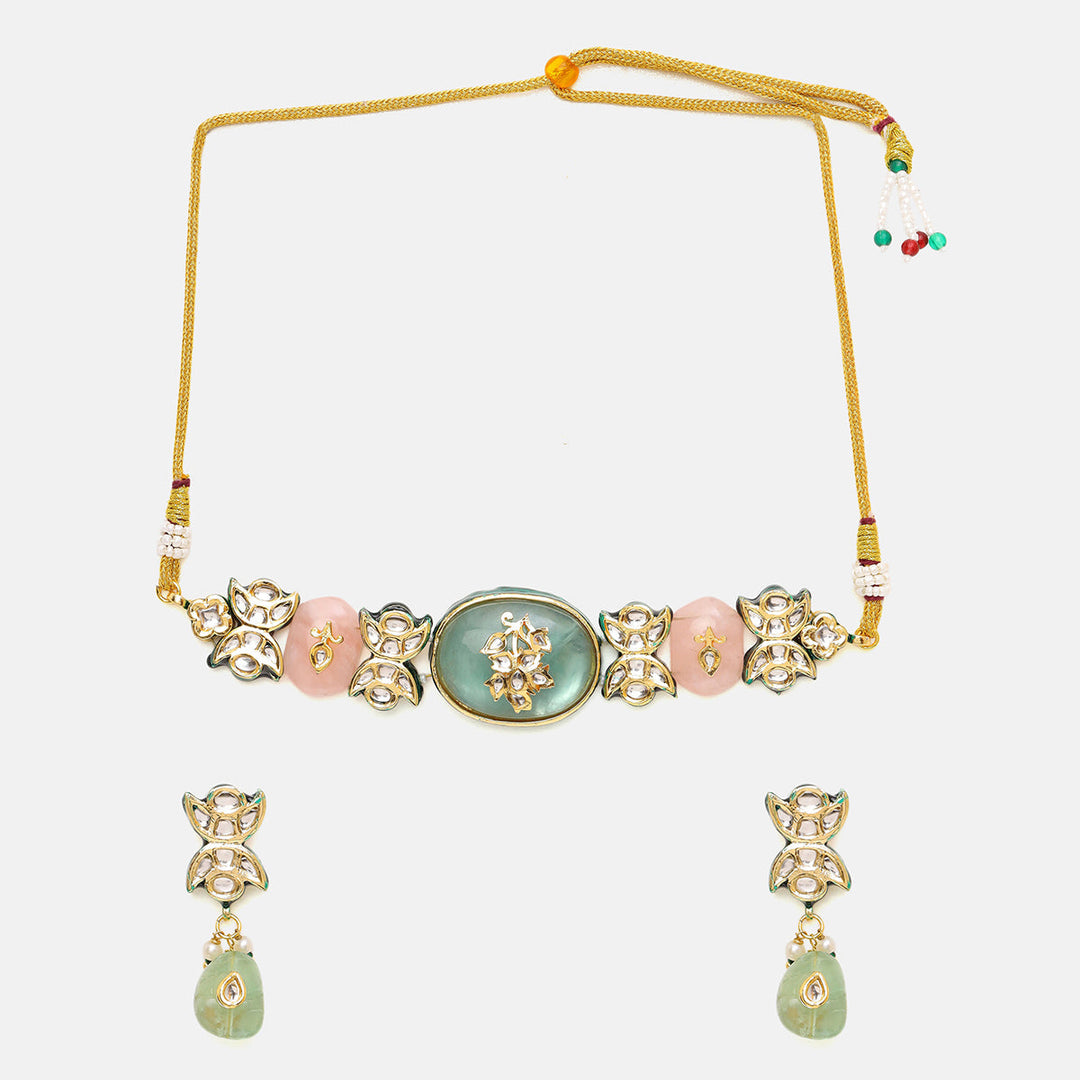 Kundan and Mint Colored Stonework Choker with Matching Earrings| SHOBITAM