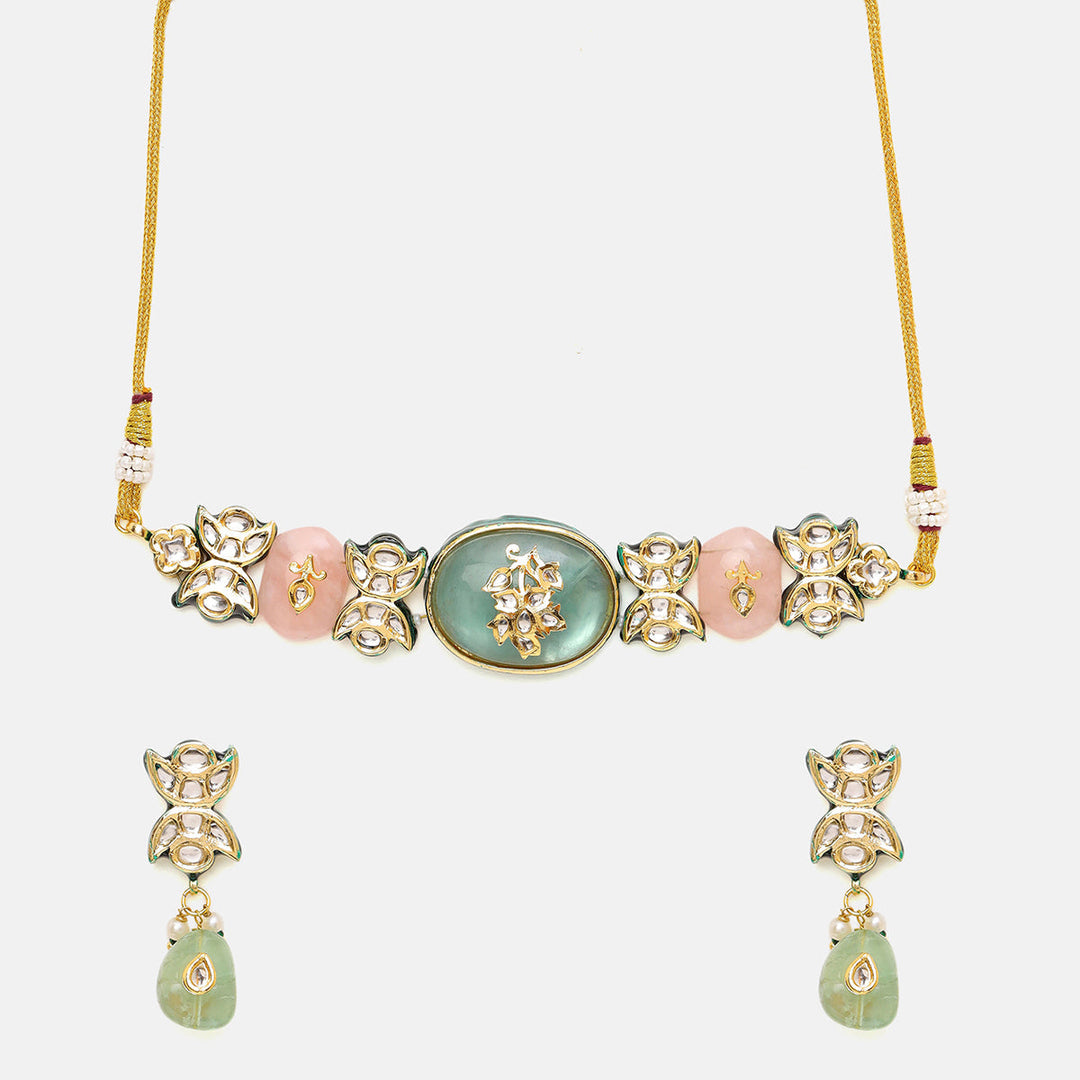 Kundan and Mint Colored Stonework Choker with Matching Earrings| SHOBITAM