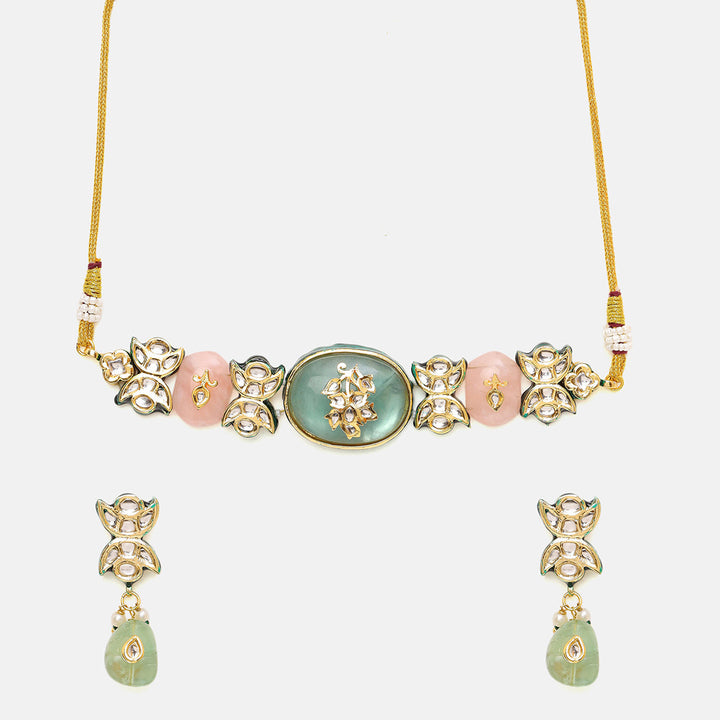Kundan and Mint Colored Stonework Choker with Matching Earrings| SHOBITAM