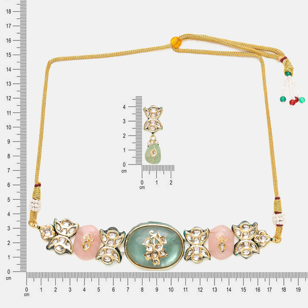 Kundan and Mint Colored Stonework Choker with Matching Earrings| SHOBITAM