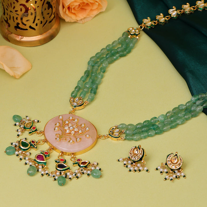 Long Kundan and Stonework Necklace with Earrings | SHOBITAM