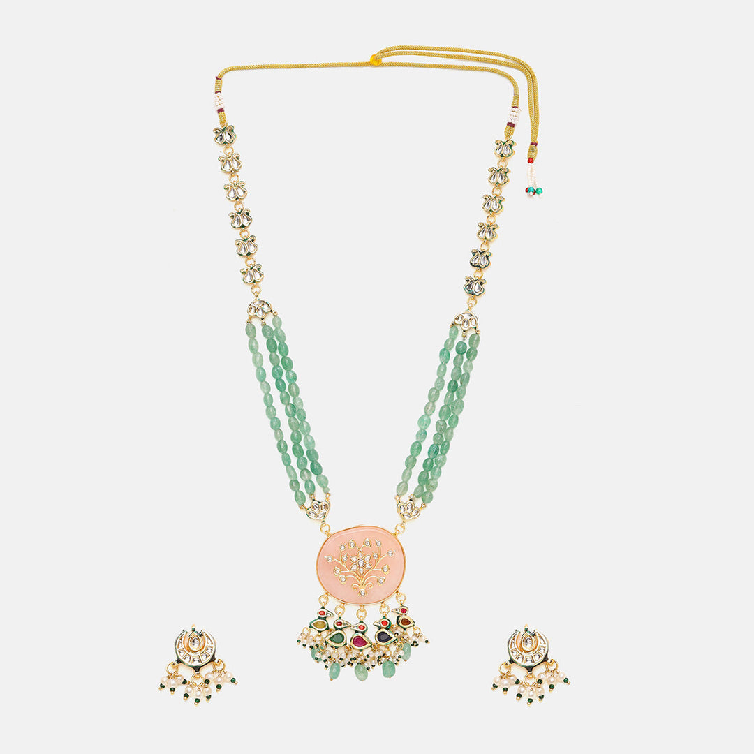 Long Kundan and Stonework Necklace with Earrings | SHOBITAM
