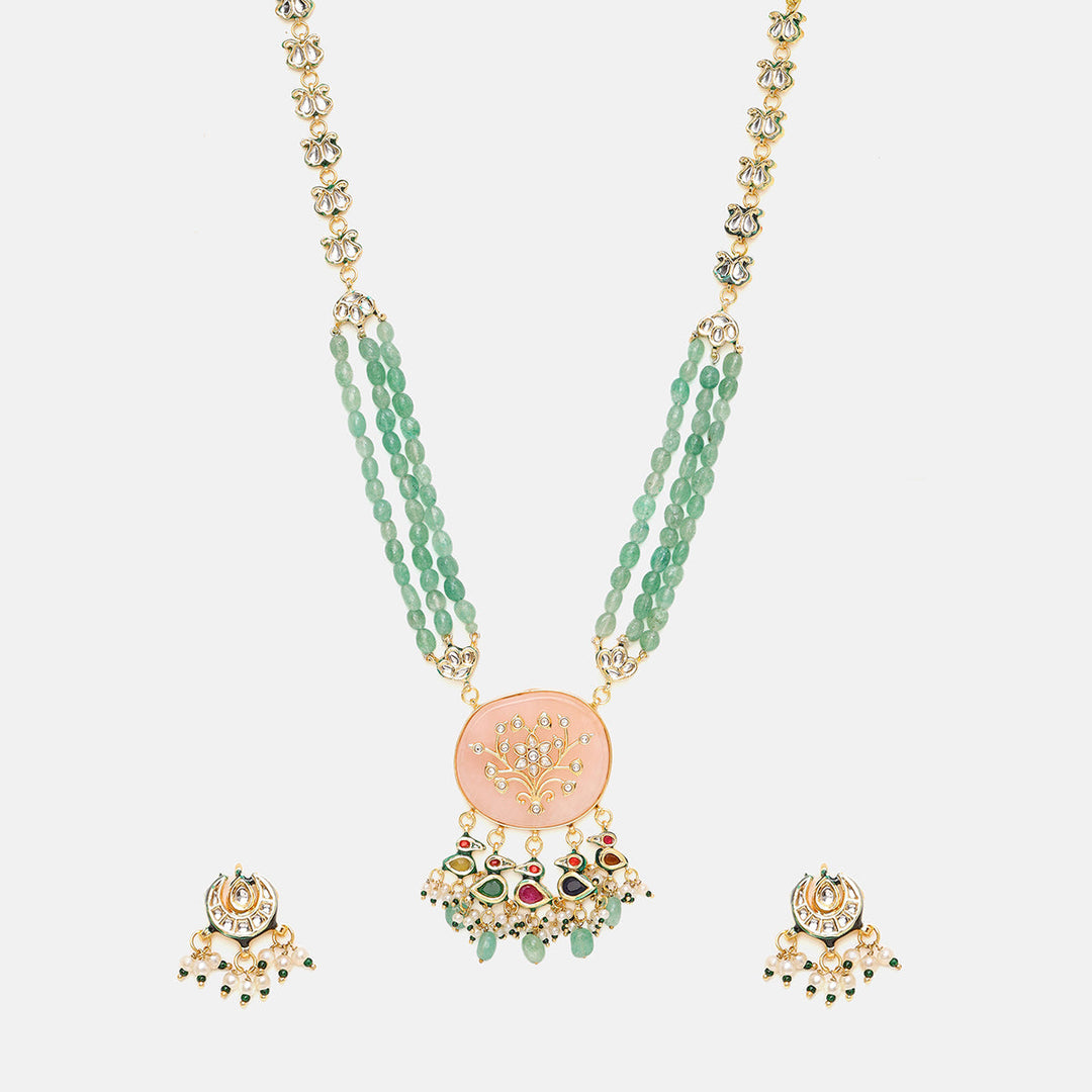 Long Kundan and Stonework Necklace with Earrings | SHOBITAM