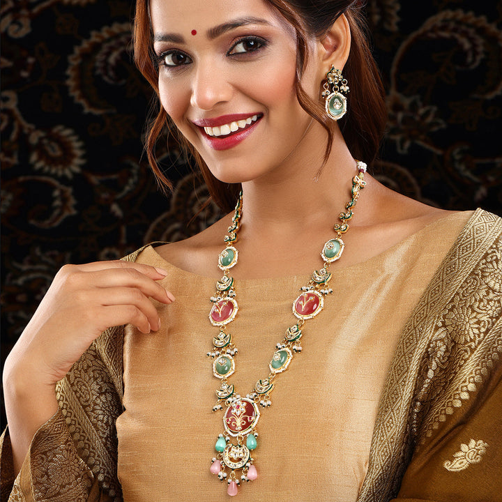 Long Mint Stonework Necklace with Earrings | SHOBITAM