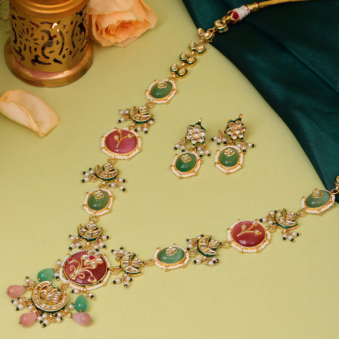 Long Mint Stonework Necklace with Earrings | SHOBITAM