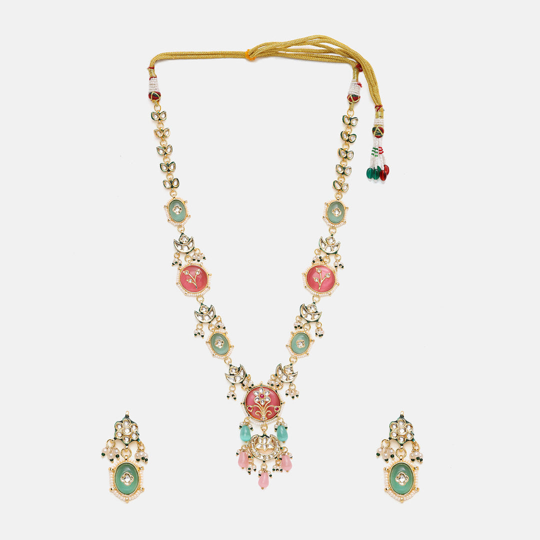 Long Mint Stonework Necklace with Earrings | SHOBITAM