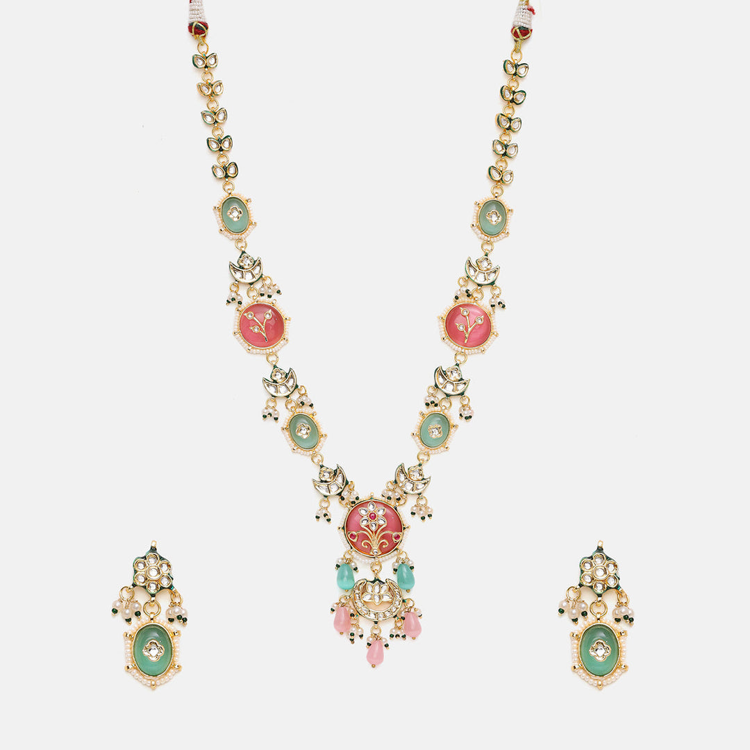 Long Mint Stonework Necklace with Earrings | SHOBITAM