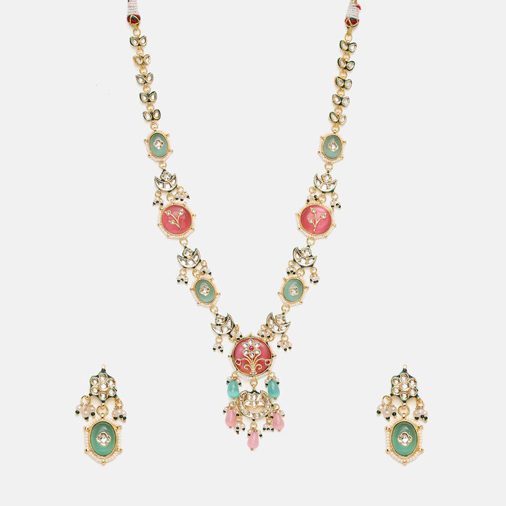 Long Mint Stonework Necklace with Earrings | SHOBITAM