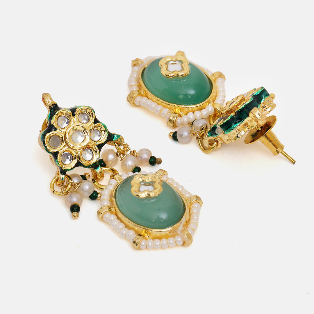 Long Mint Stonework Necklace with Earrings | SHOBITAM