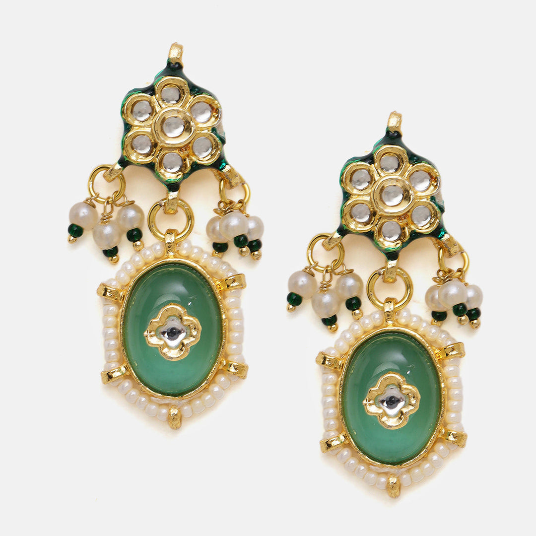 Long Mint Stonework Necklace with Earrings | SHOBITAM