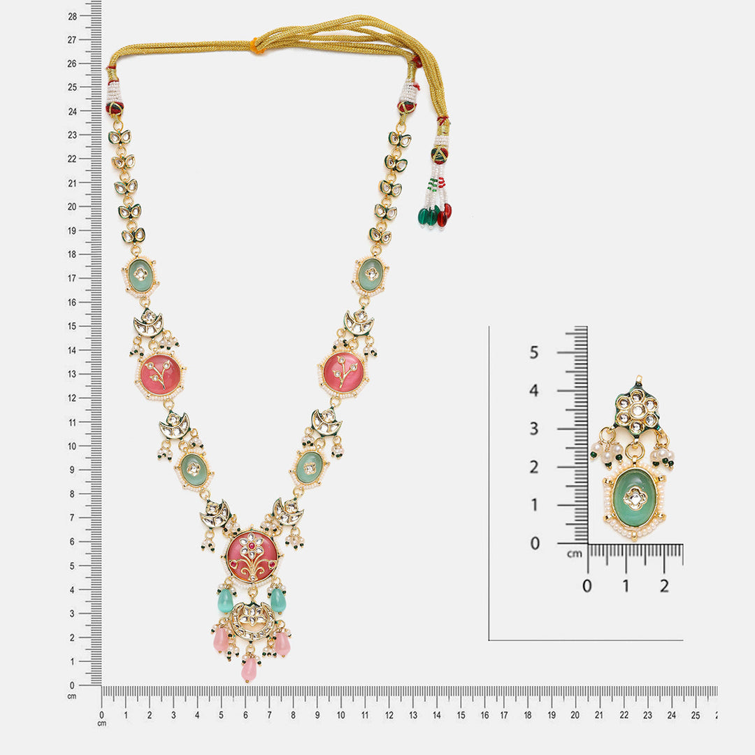 Long Mint Stonework Necklace with Earrings | SHOBITAM