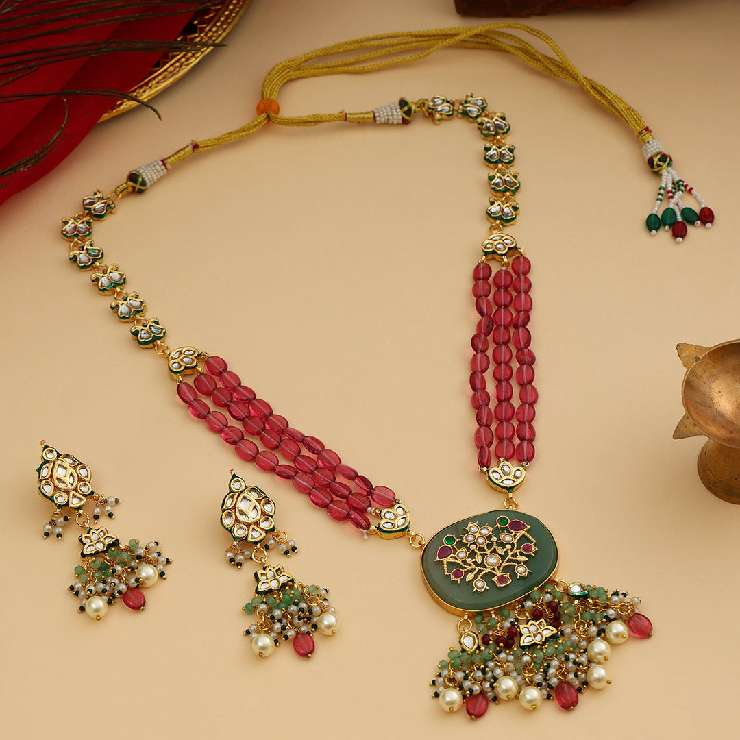 Long Multi Kundan Necklace with Earrings | SHOBITAM