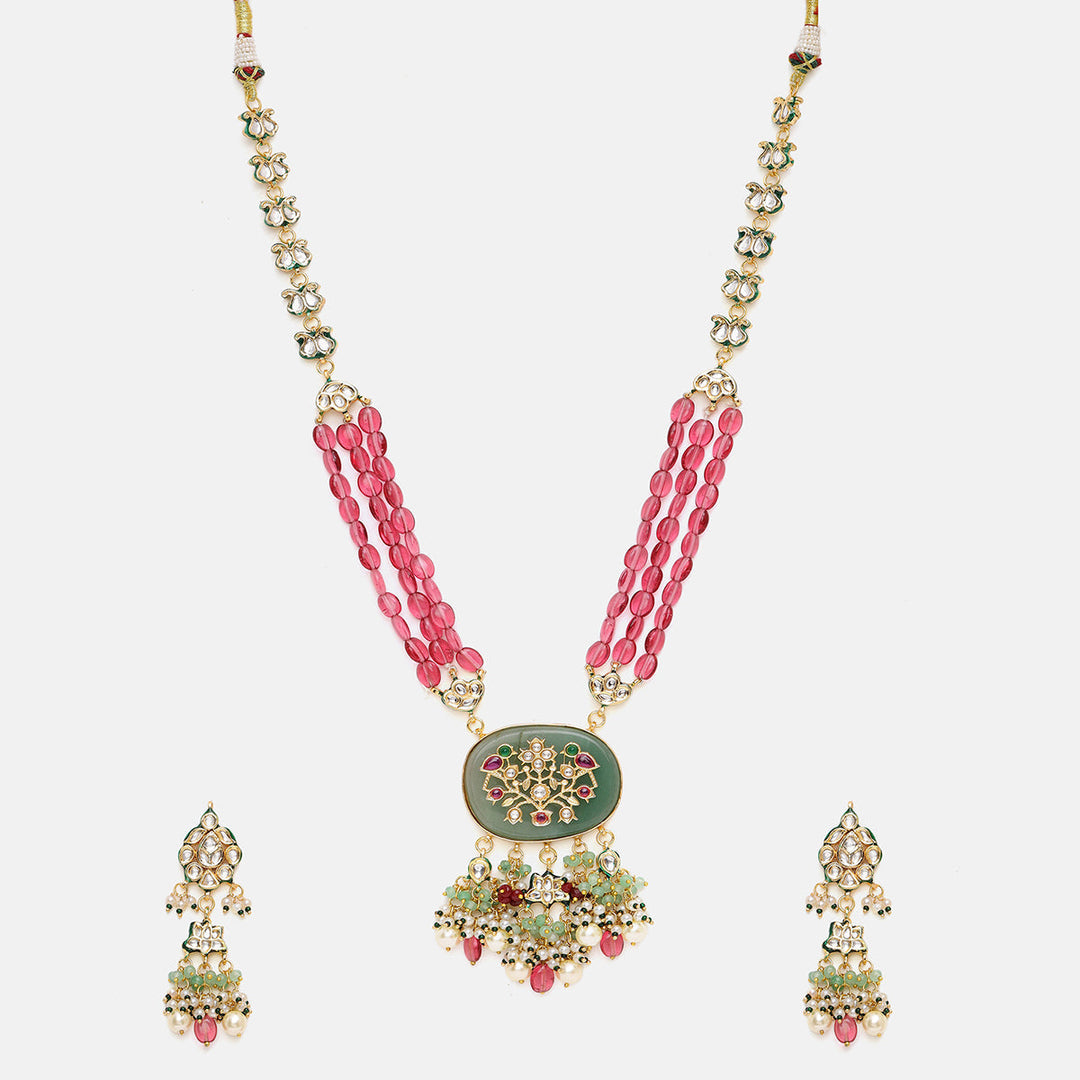 Long Multi Kundan Necklace with Earrings | SHOBITAM