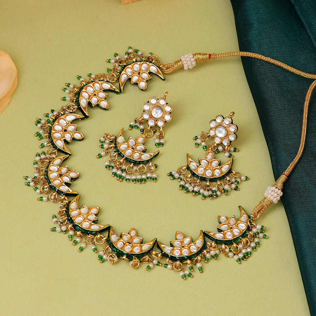 Half Moon Kundan Necklace with Earrings | SHOBITAM