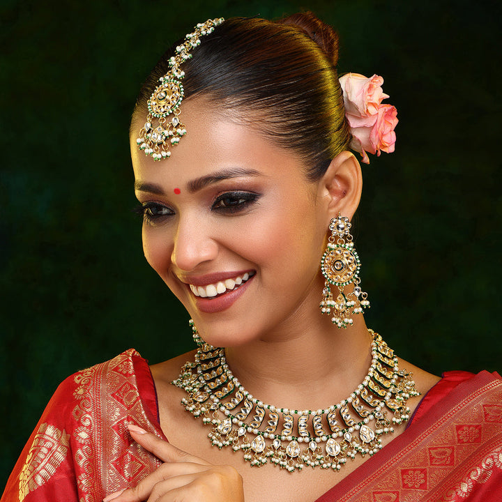 Kundan Collar Green Necklace with Earrings & Maang Tikka | SHOBITAM