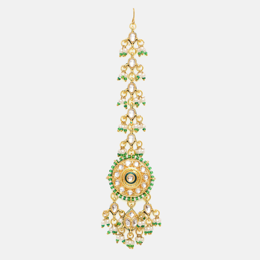 Kundan Collar Green Necklace with Earrings & Maang Tikka | SHOBITAM