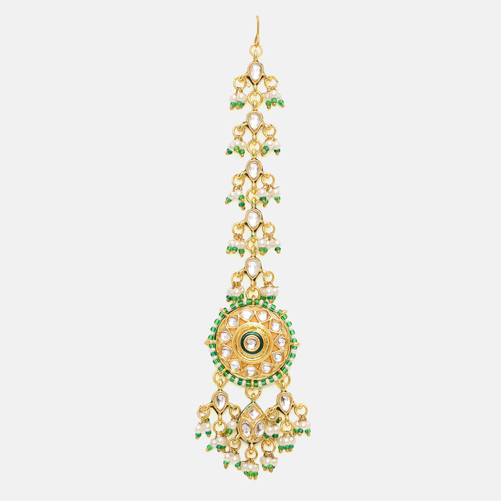 Kundan Collar Green Necklace with Earrings & Maang Tikka | SHOBITAM