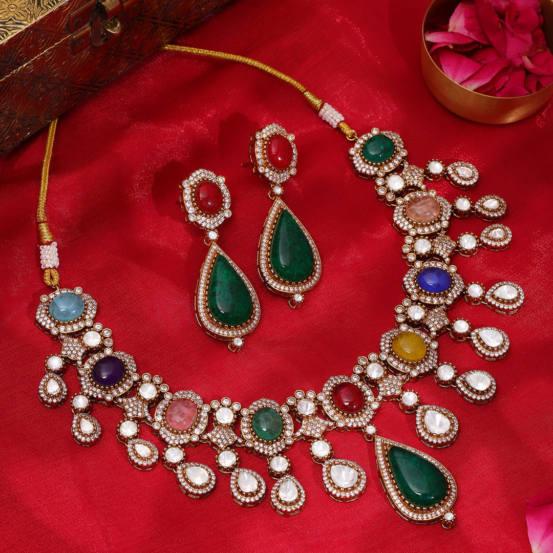 Multi Maharani Kundan and Stonework Necklace with Earrings | SHOBITAM