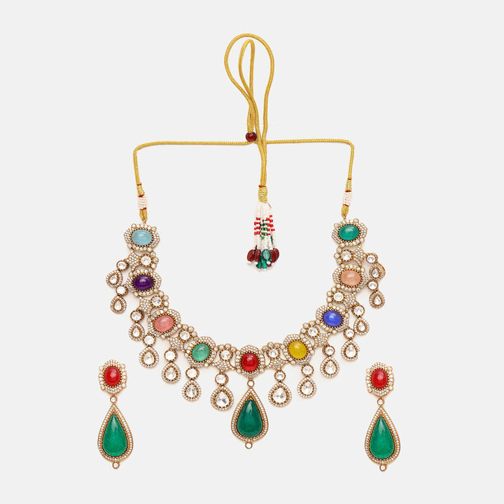 Multi Maharani Kundan and Stonework Necklace with Earrings | SHOBITAM