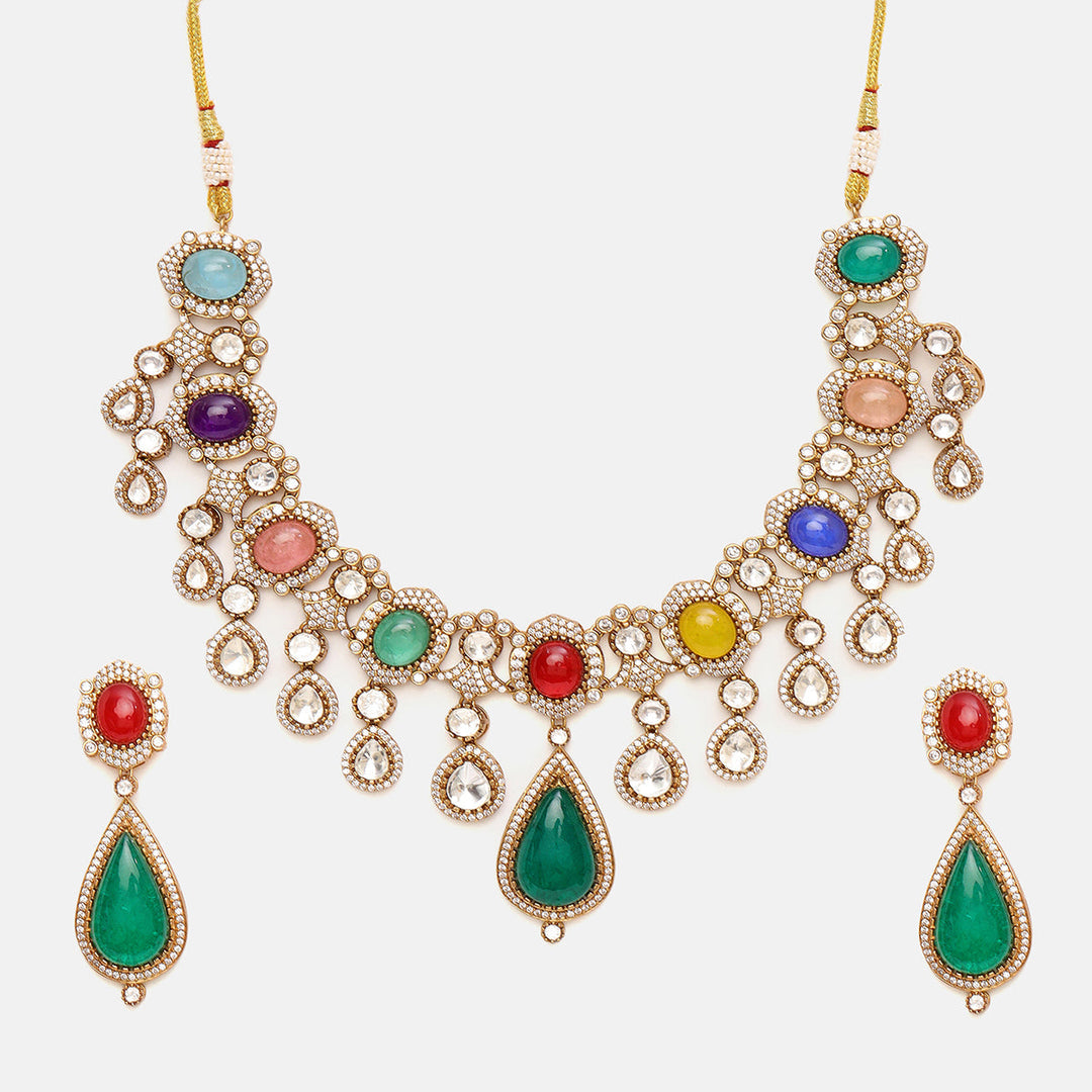 Multi Maharani Kundan and Stonework Necklace with Earrings | SHOBITAM