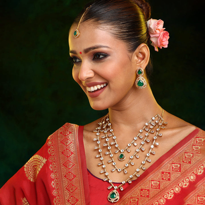 Layered Kundan and Emerald Necklace with Earrings and Maang Tikka| SHOBITAM