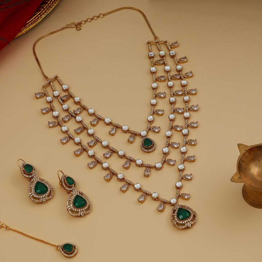 Layered Kundan and Emerald Necklace with Earrings and Maang Tikka| SHOBITAM