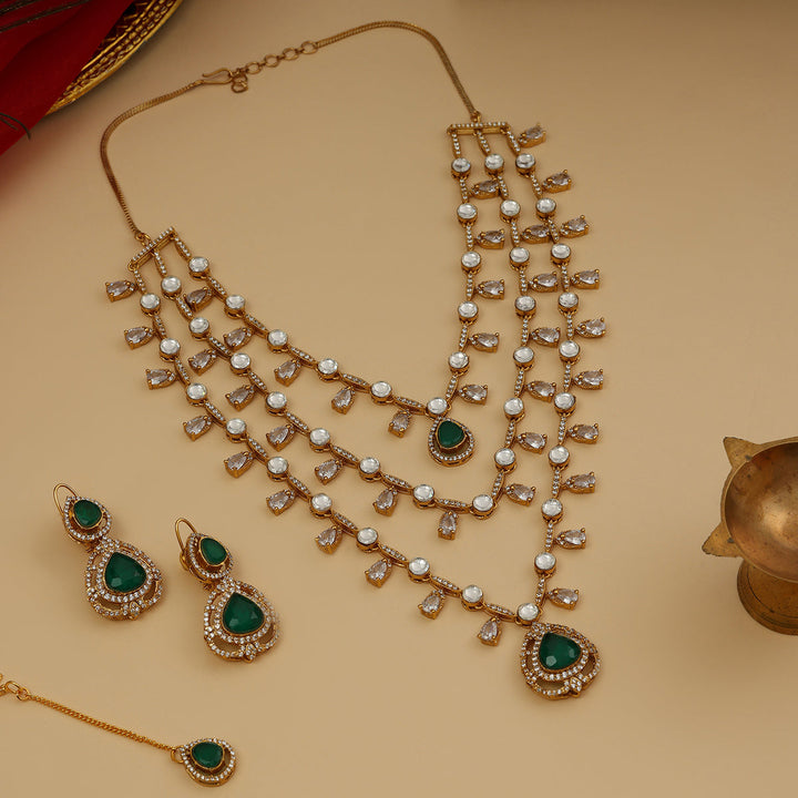 Layered Kundan and Emerald Necklace with Earrings and Maang Tikka| SHOBITAM