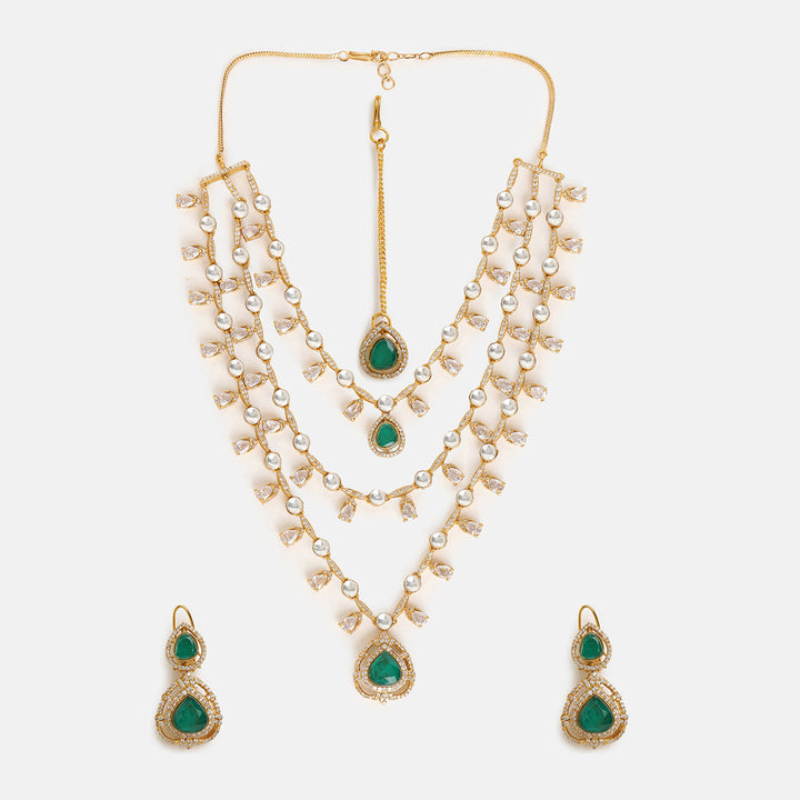 Layered Kundan and Emerald Necklace with Earrings and Maang Tikka| SHOBITAM
