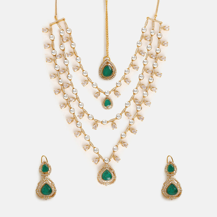 Layered Kundan and Emerald Necklace with Earrings and Maang Tikka| SHOBITAM