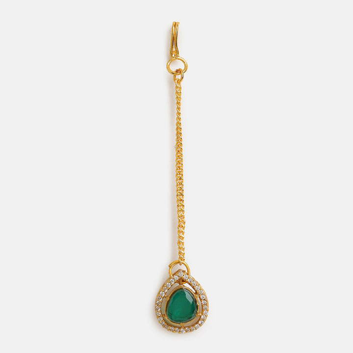 Layered Kundan and Emerald Necklace with Earrings and Maang Tikka| SHOBITAM