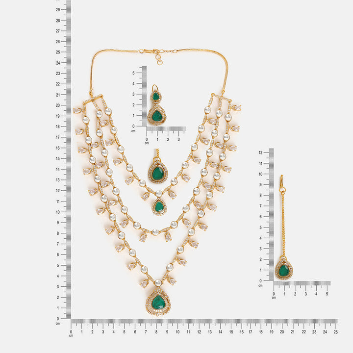 Layered Kundan and Emerald Necklace with Earrings and Maang Tikka| SHOBITAM