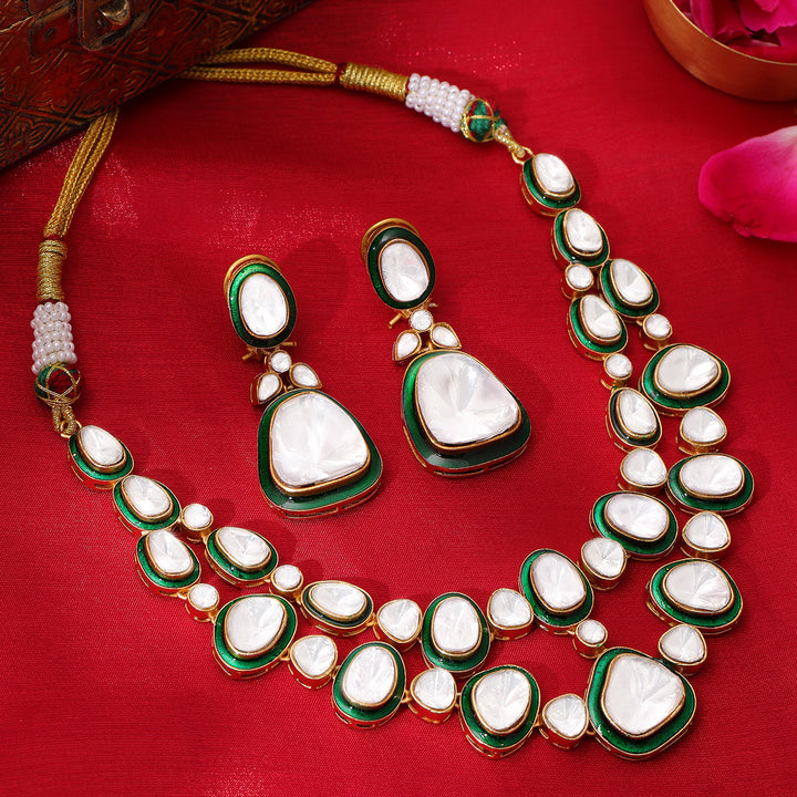 Green Meenakari Kundan Layered Necklace with Earrings | SHOBITAM