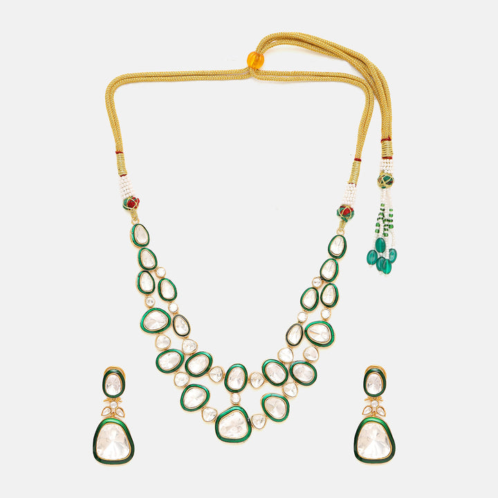 Green Meenakari Kundan Layered Necklace with Earrings | SHOBITAM