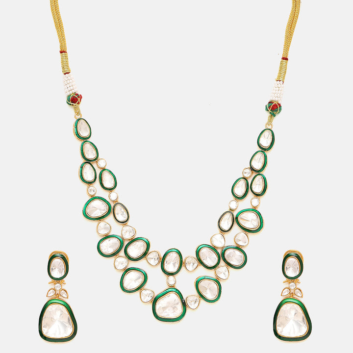 Green Meenakari Kundan Layered Necklace with Earrings | SHOBITAM
