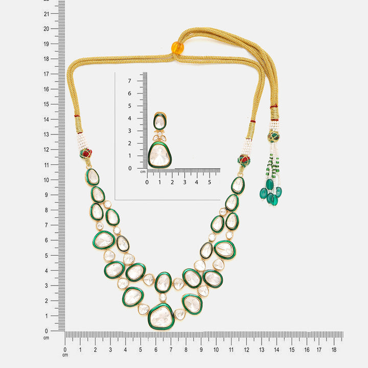 Green Meenakari Kundan Layered Necklace with Earrings | SHOBITAM