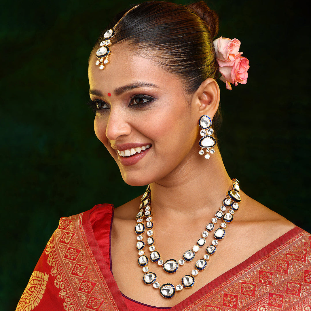 Blue Meenakari Kundan Layered Necklace with Earrings & Maang Tikka | SHOBITAM