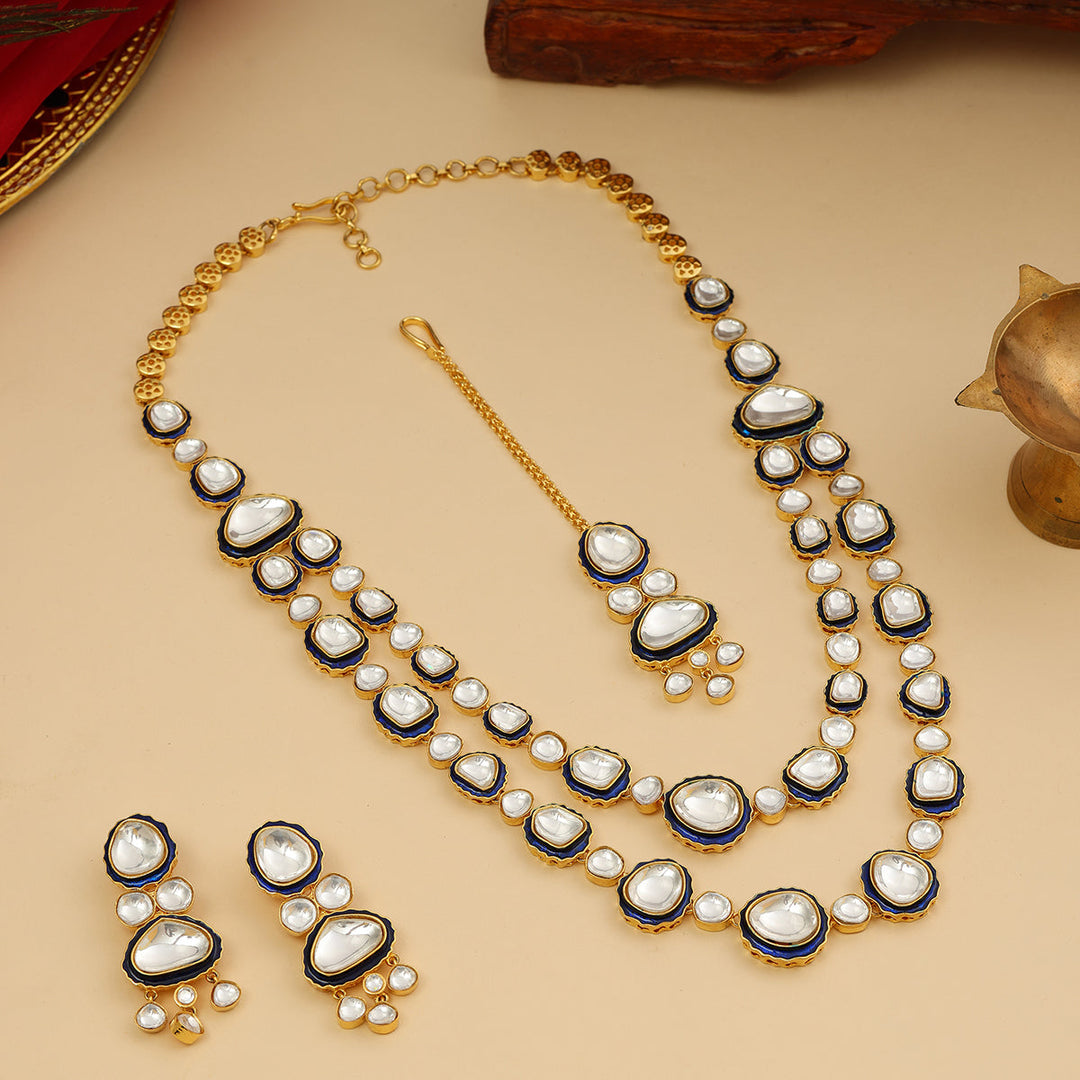 Blue Meenakari Kundan Layered Necklace with Earrings & Maang Tikka | SHOBITAM