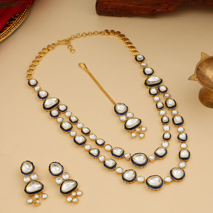 Blue Meenakari Kundan Layered Necklace with Earrings & Maang Tikka | SHOBITAM