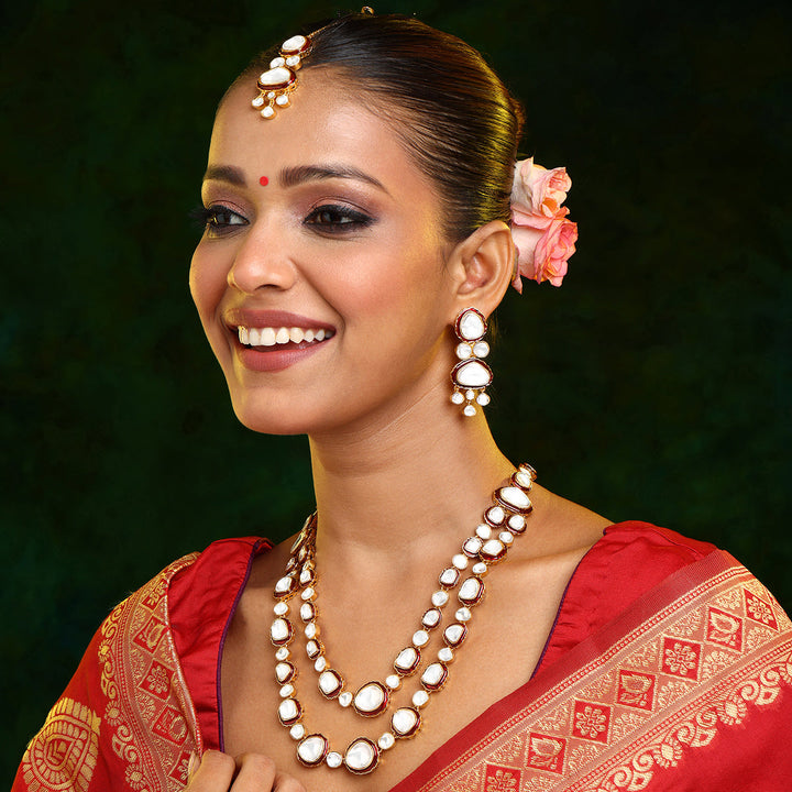 Red Meenakari Kundan Layered Necklace with Earrings & Maang Tikka | SHOBITAM