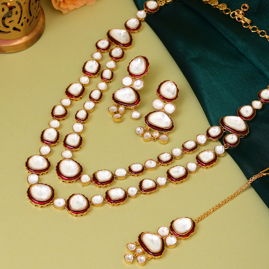 Red Meenakari Kundan Layered Necklace with Earrings & Maang Tikka | SHOBITAM