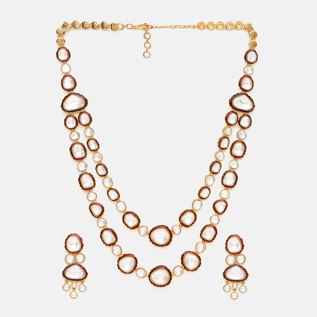 Red Meenakari Kundan Layered Necklace with Earrings & Maang Tikka | SHOBITAM