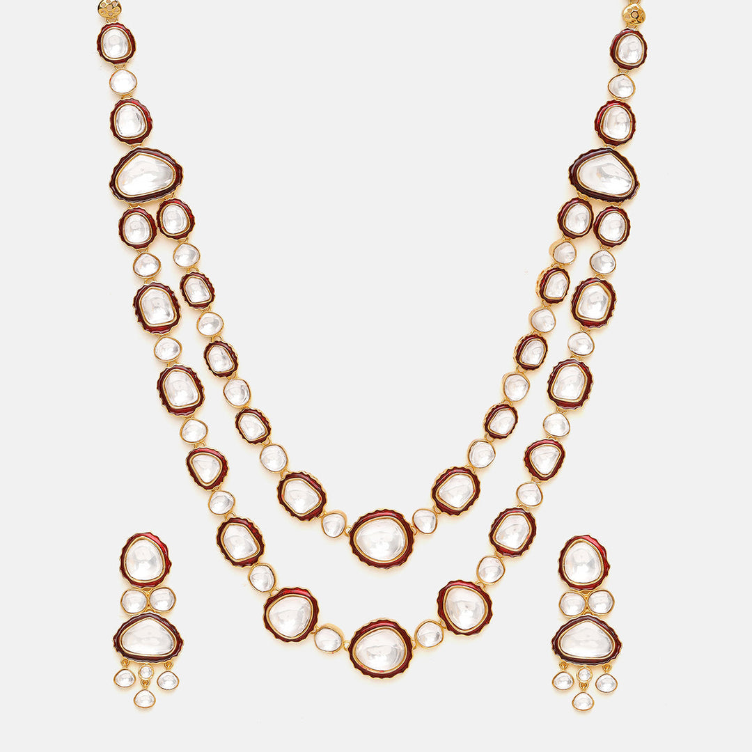 Red Meenakari Kundan Layered Necklace with Earrings & Maang Tikka | SHOBITAM